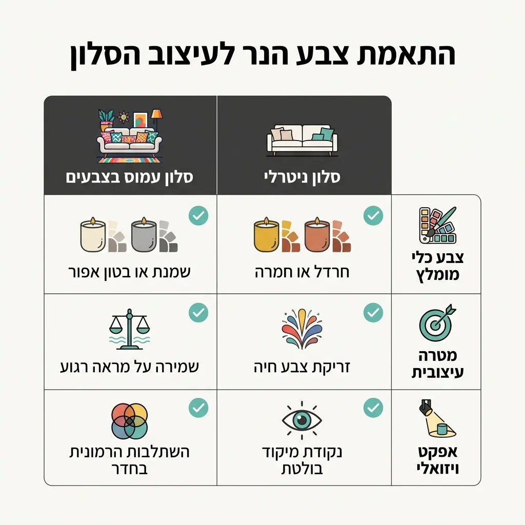 אינפוגרפיקה — התאמת צבע הנר לעיצוב הסלון: השוואה בין סלון ניטרלי, סלון עמוס בצבעים