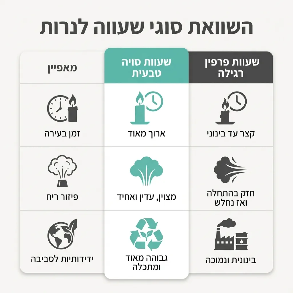 אינפוגרפיקה — השוואת סוגי שעווה לנרות: השוואה בין שעוות סויה טבעית, שעוות פרפין רגילה
