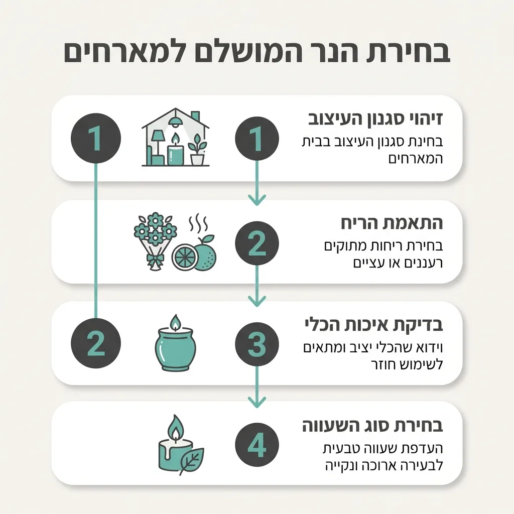 אינפוגרפיקה — בחירת הנר המושלם למארחים: זיהוי סגנון העיצוב, התאמת הריח, בדיקת איכות הכלי, בחירת סוג השעווה